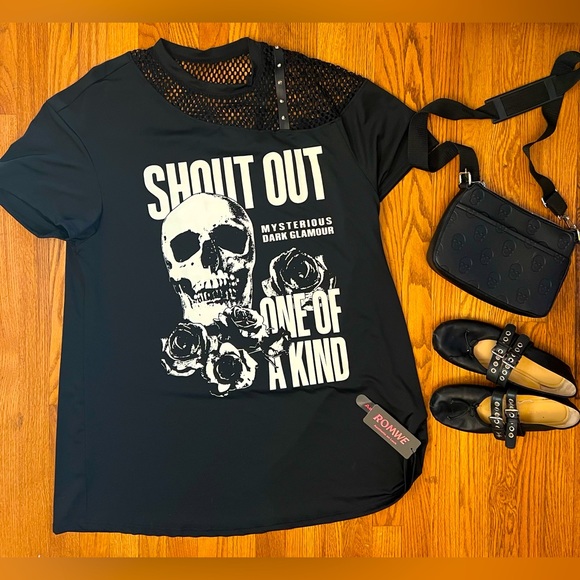 Romwe Plus Skull & Letter Graphic Contrast Fishnet Tee Dress with solid back. - Picture 2 of 9